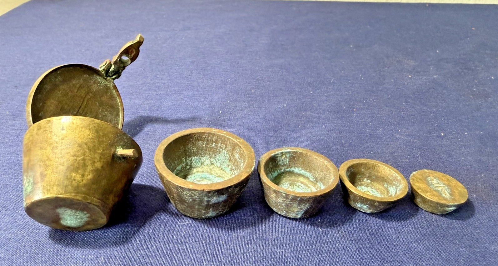 Complete Set of Antique Bronze Nesting Apothecary Weights or Bucket Weights R8