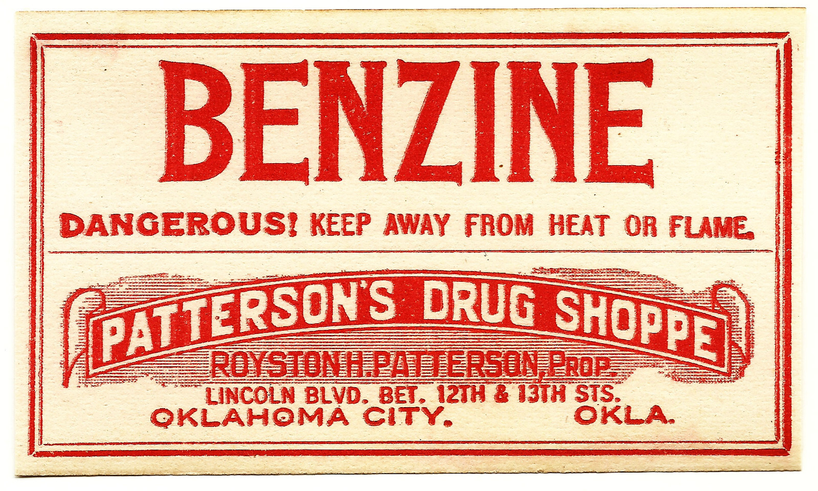 1 Vintage Pharmacy Label BENZINE Patterson’s Drug Shoppe Oklahoma City Oklahoma