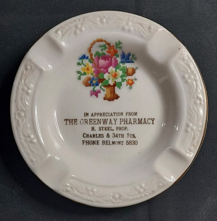 Old Advertising Ashtray Greenway Pharmacy Steel Baltimore New Yorker Salem 22KT