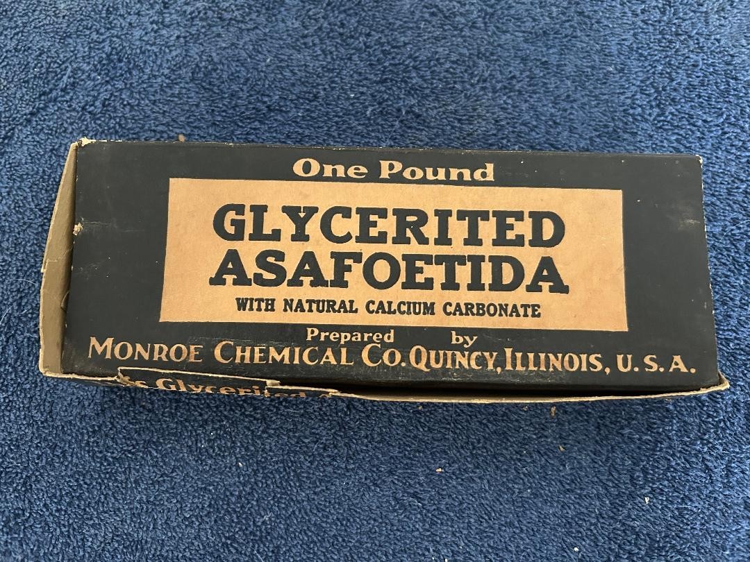 Vintage glycerited Asafoetida squares in original box w price tags in 1 lb box