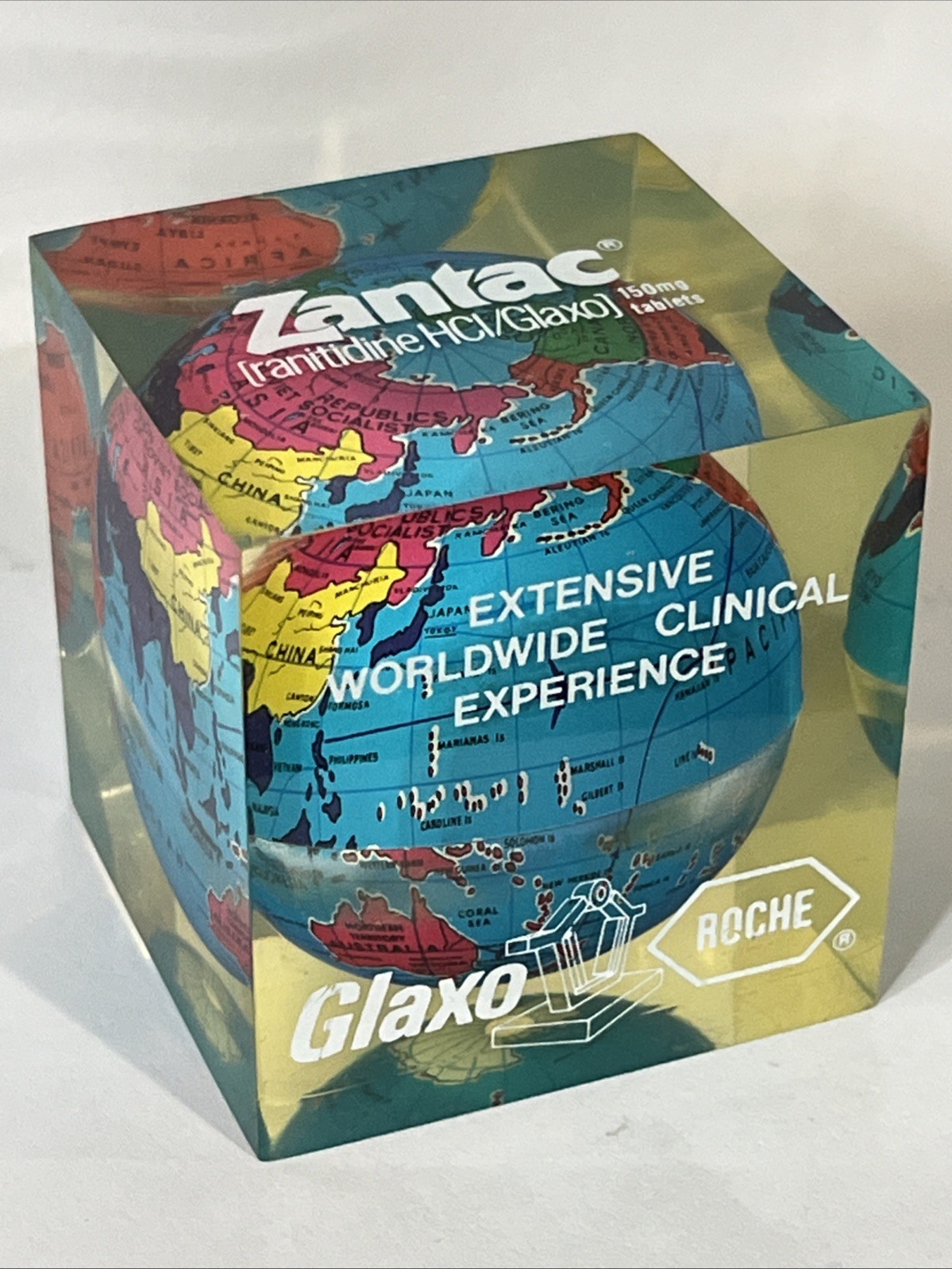 Vintage Zantac Glaxo Roche Pharmaceutical Acrylic Globe Paperweight 2” Square