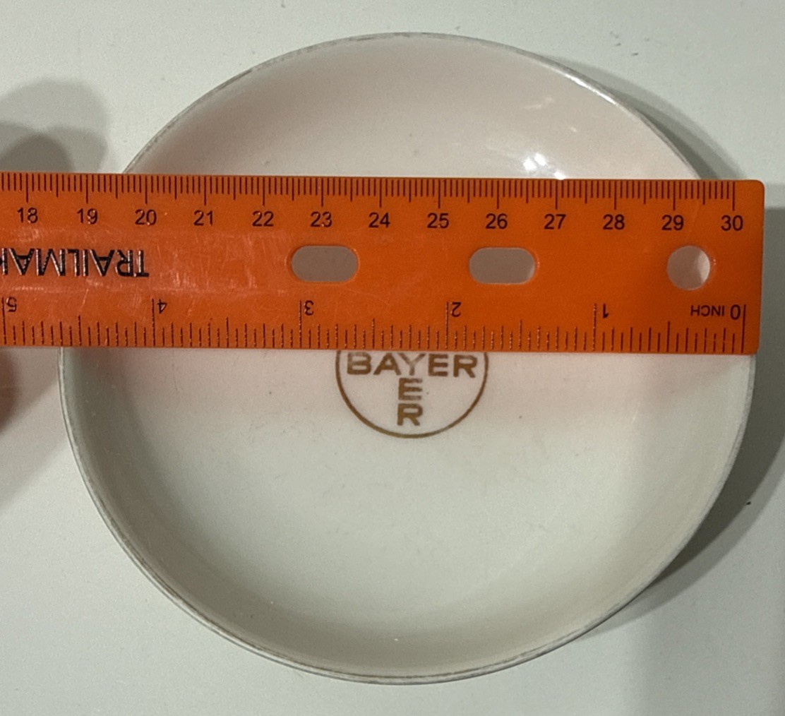 Vtg Bayer Haus Pharmacy Advertisement Promo Porcelain Dish Gold Cross Logo 1952
