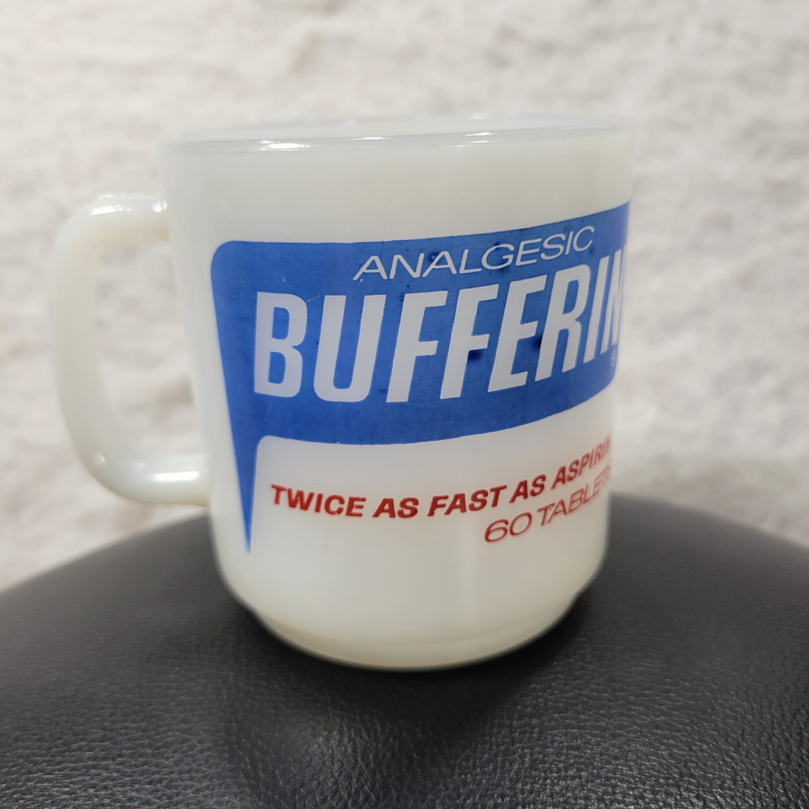 VTG Bufferin Pharmaceutical Advertising Mug Milk Glass White Retro Analgesic Cup