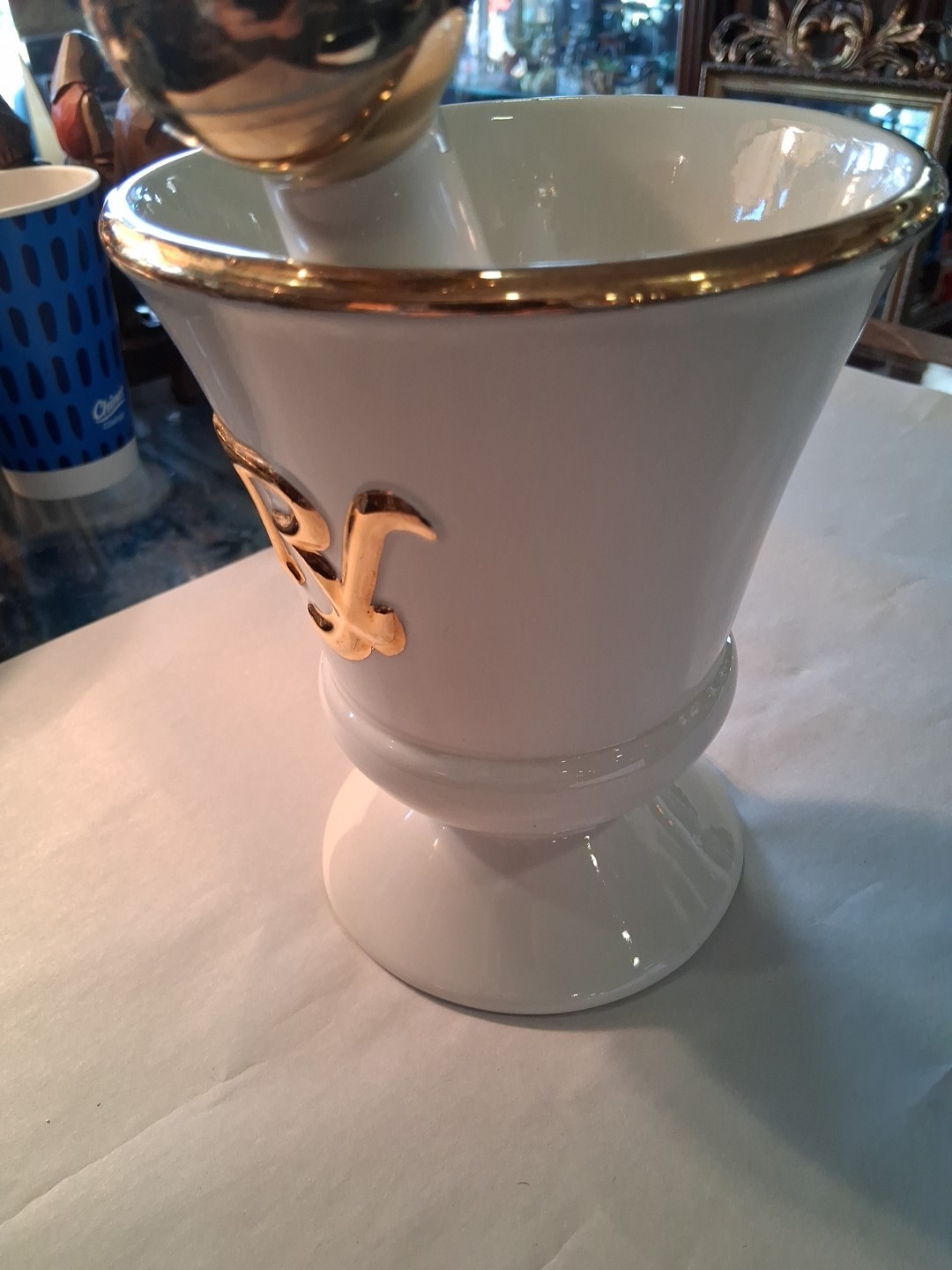 Vintage Owens Illinois RX Pharmacy Mortar and Pestle Set 7″ Tall White and Gold