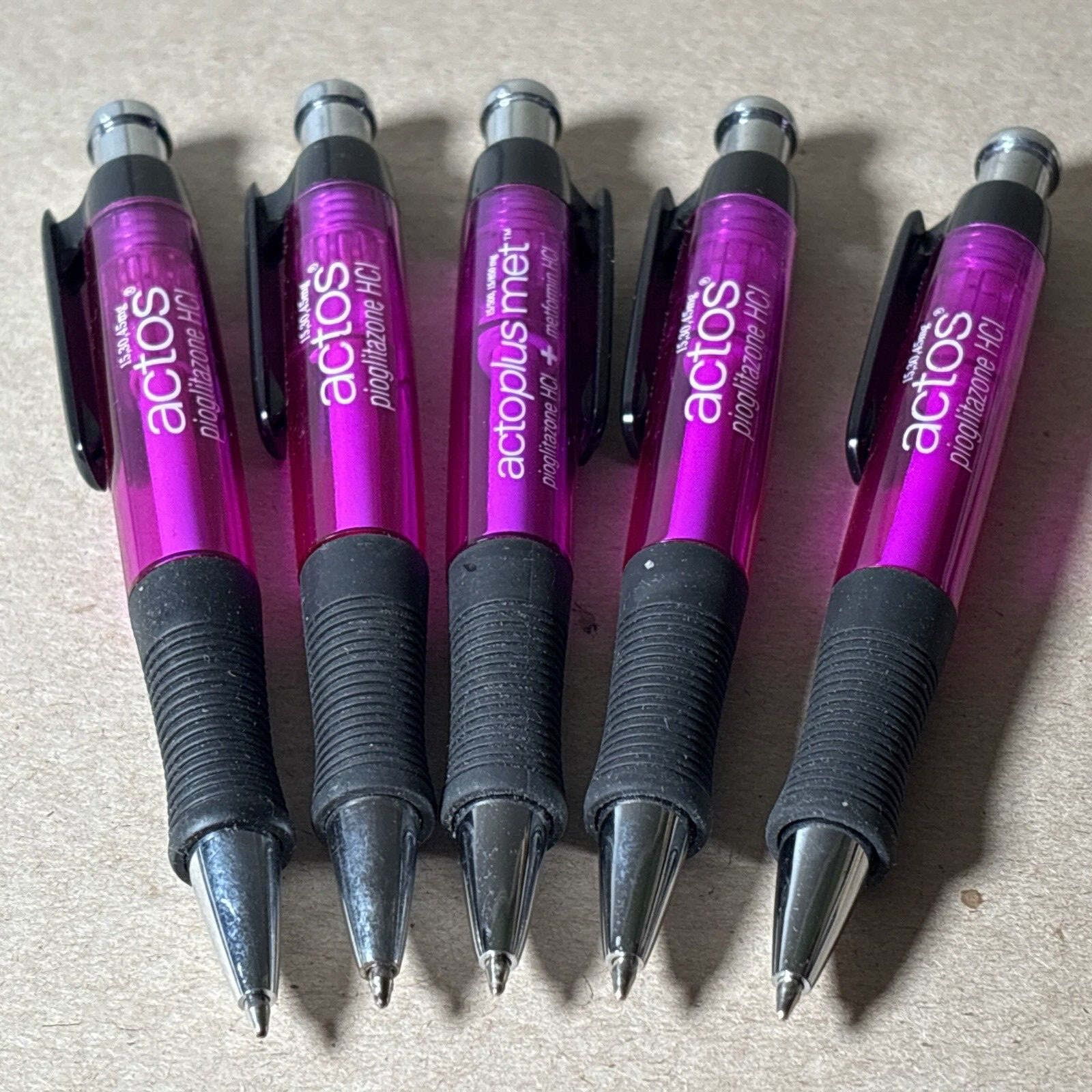 Lot of 5 ACTOS ACTOPLUS MET FAMILY Drug Rep Pharma Pen Purple Black Rubber Grip