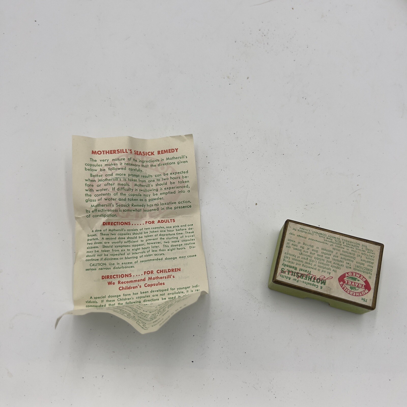 Vintage MOTHERSILL’S Seasick Remedy for adults Medicine box 1930’s