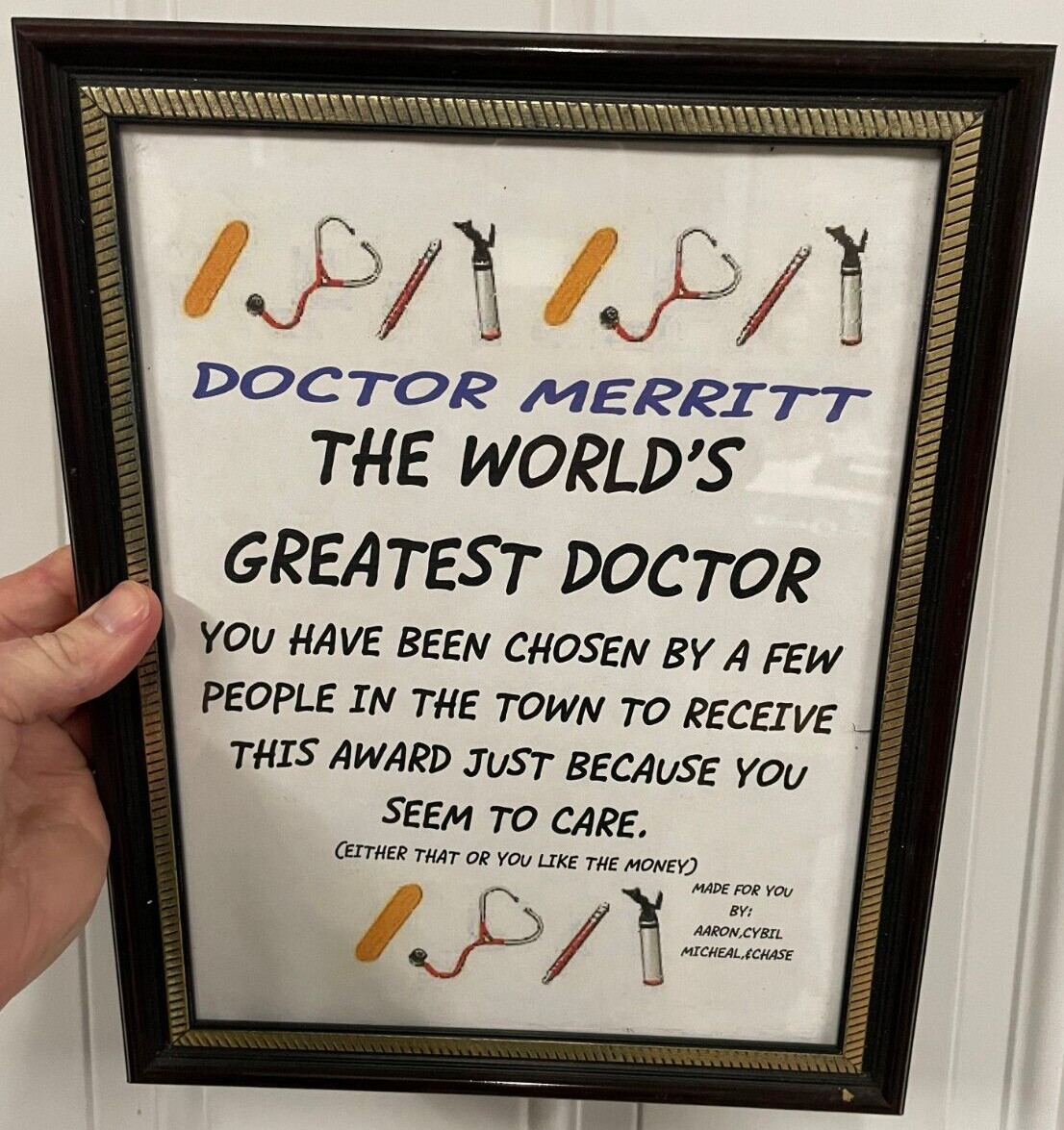 Vintage Dr James Merritt Hand Made Greatest Doctor Plaque Dexter MO Cybil Aaron