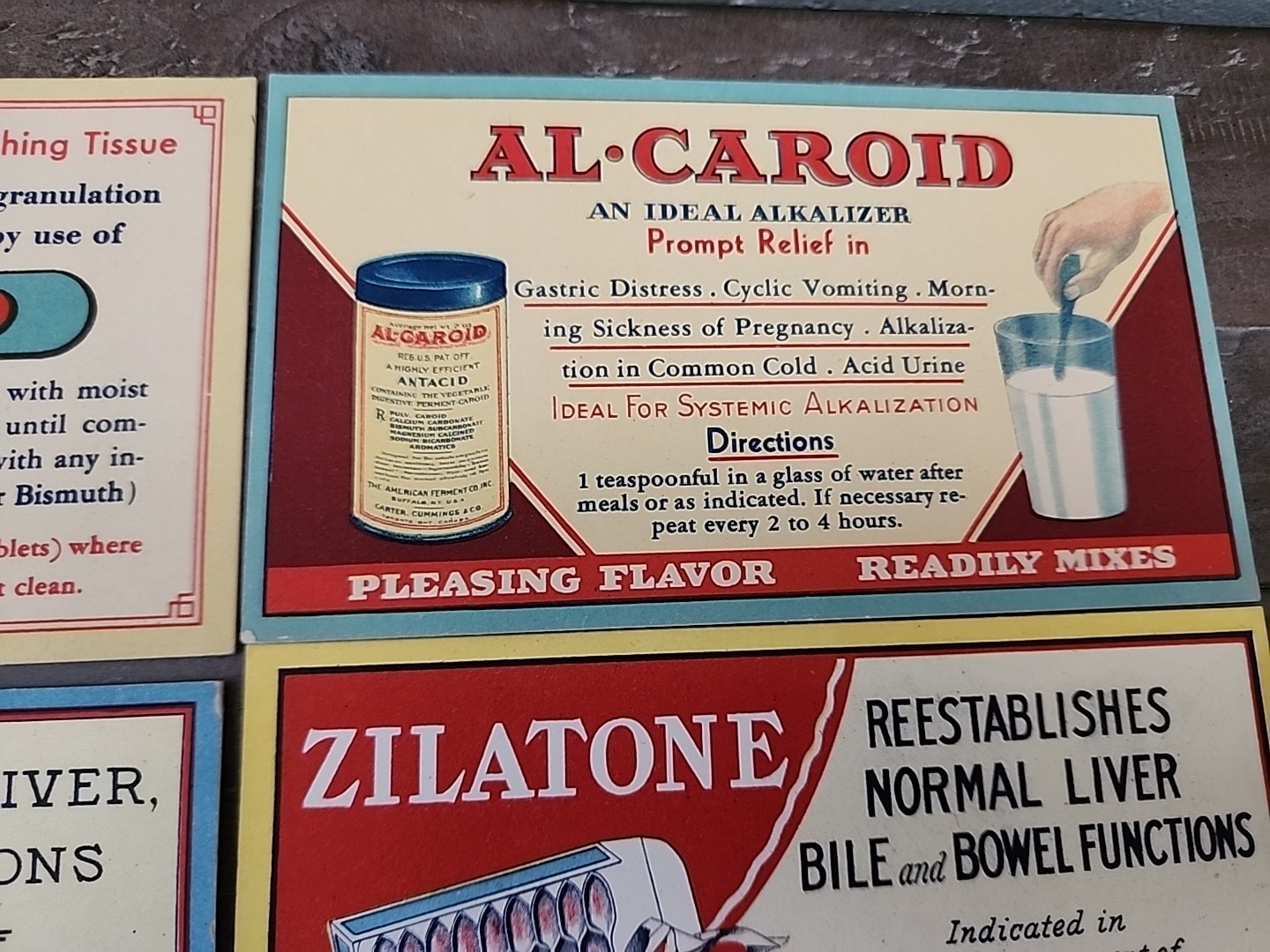 4 Vintage Medicine Medical Pharmacy Drug Advertising Cards A-CAROID ZILATONE