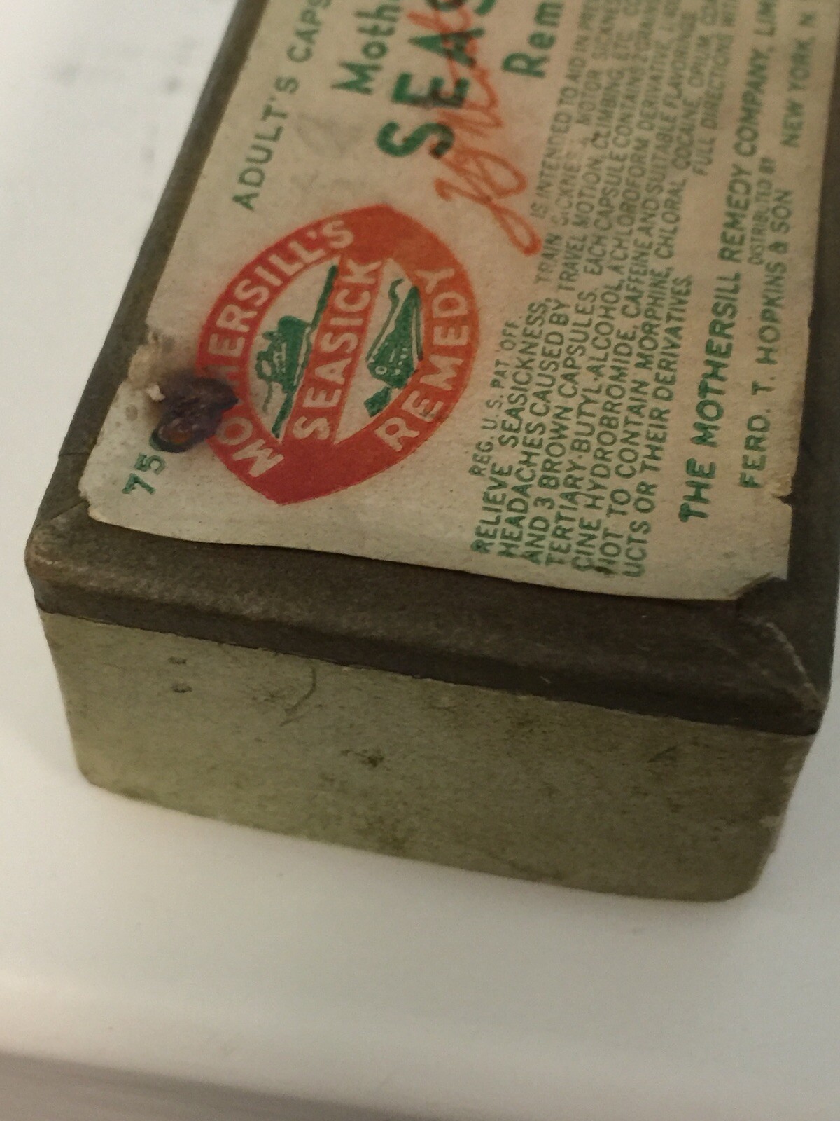 Old Advertising Medicine Box Mothersill’s Sea Sick Remedy Fred Hopkins New York