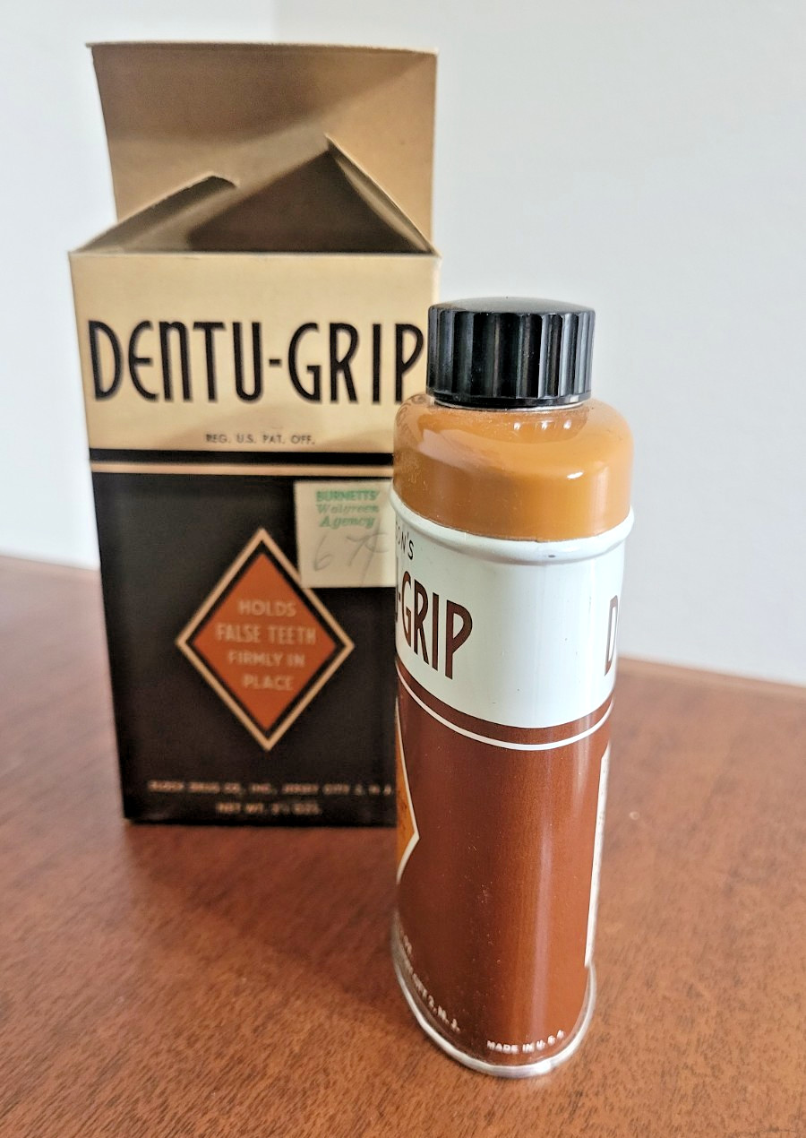 Vintage NOS Dentu-Grip 2.5oz tin with original Box by Block Drug Co.