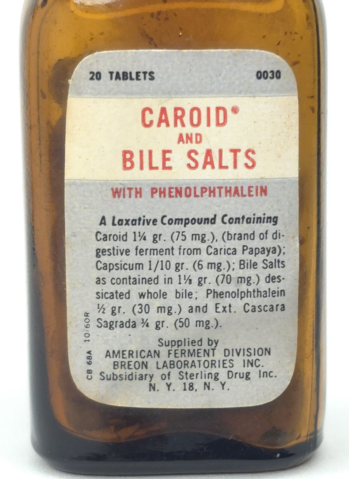 C1960s NOS Caroid Bile Salts Advertising Sterling Drug Bottle American Ferment