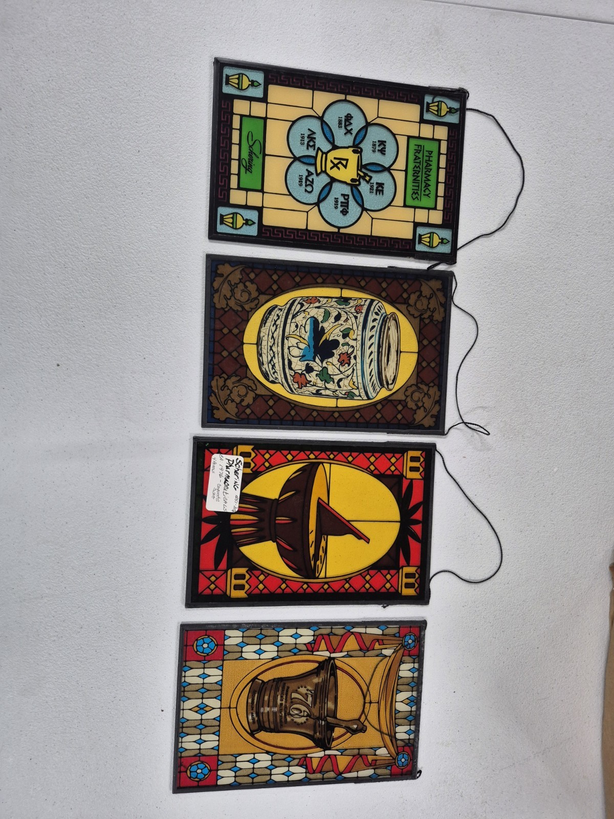 4 Stain Glass Panels Schering Pharmacy Rx Ad Premium USA Bicentennial 1976 VTG