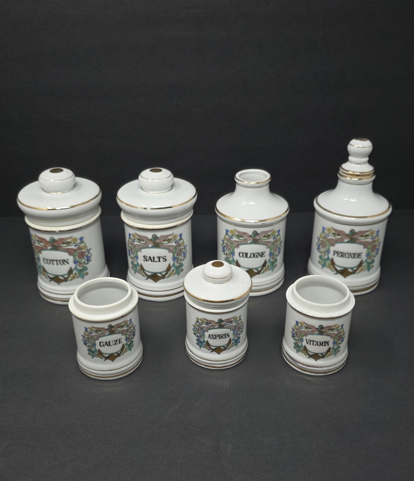 Vintage Porcelain Apothecary Medicine Jar Set Salts Cologne Gauze Perioxide