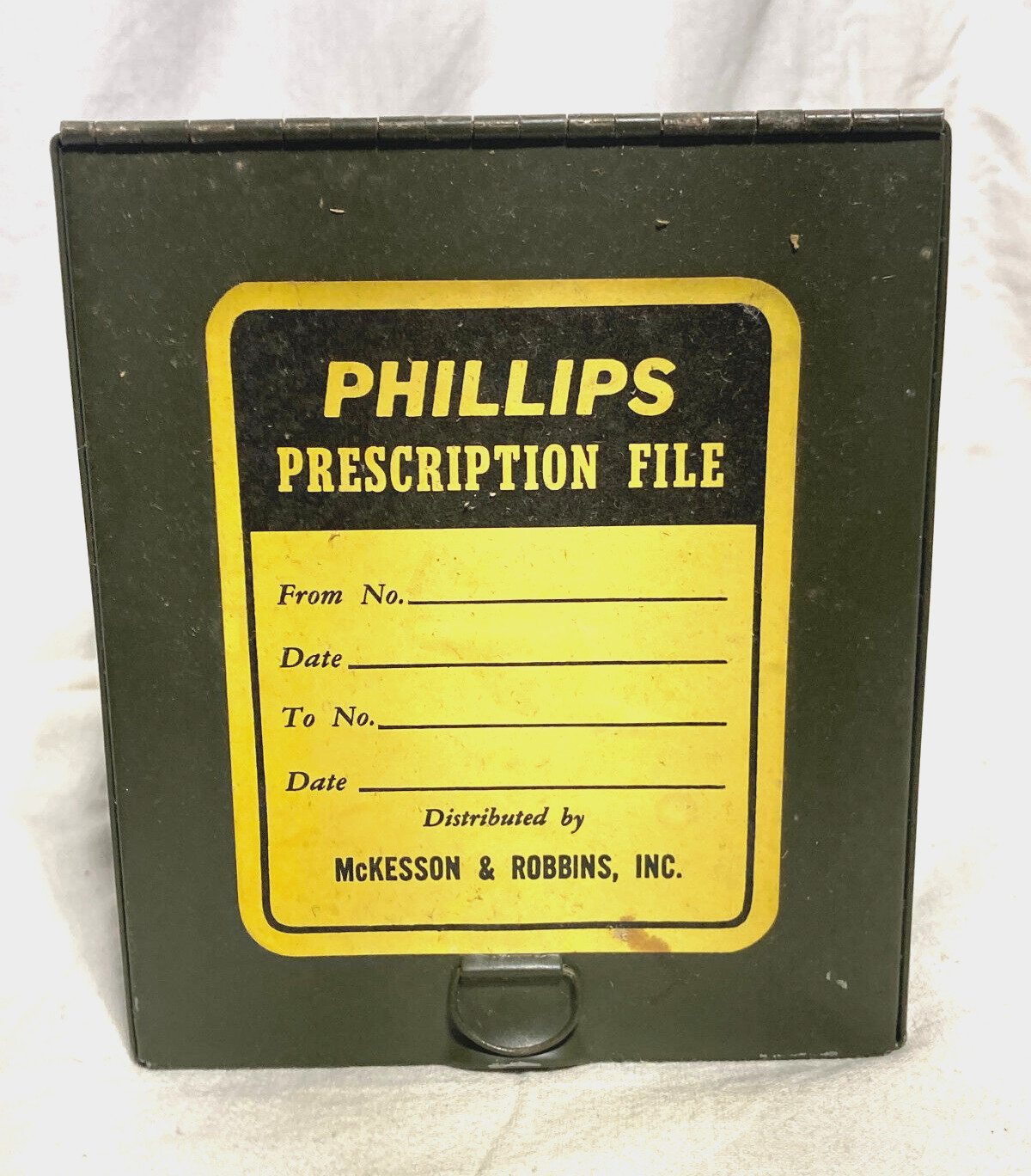 Vntg Phillips Rx Prescription File Container Storage Metal File Box Green