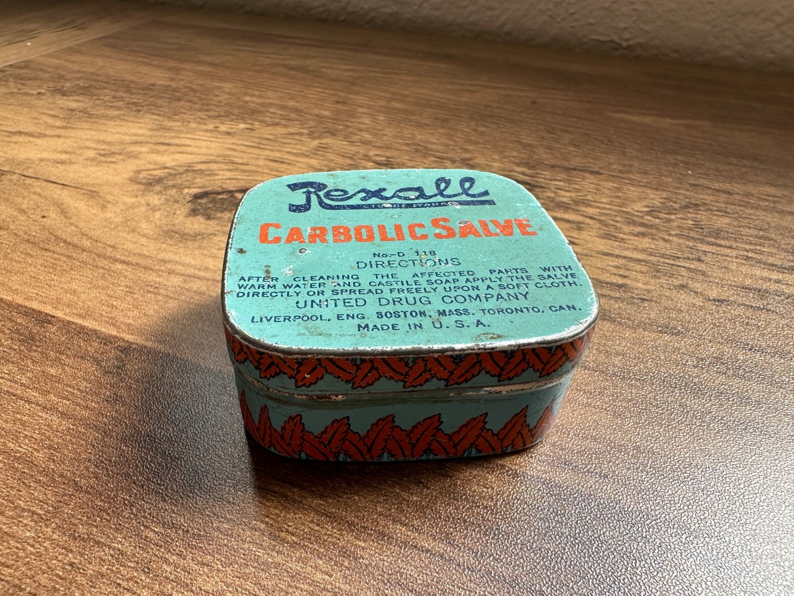 Vintage Pharmacy Decor Rexall Carbolic Salve In Square Tin Blue Made in USA
