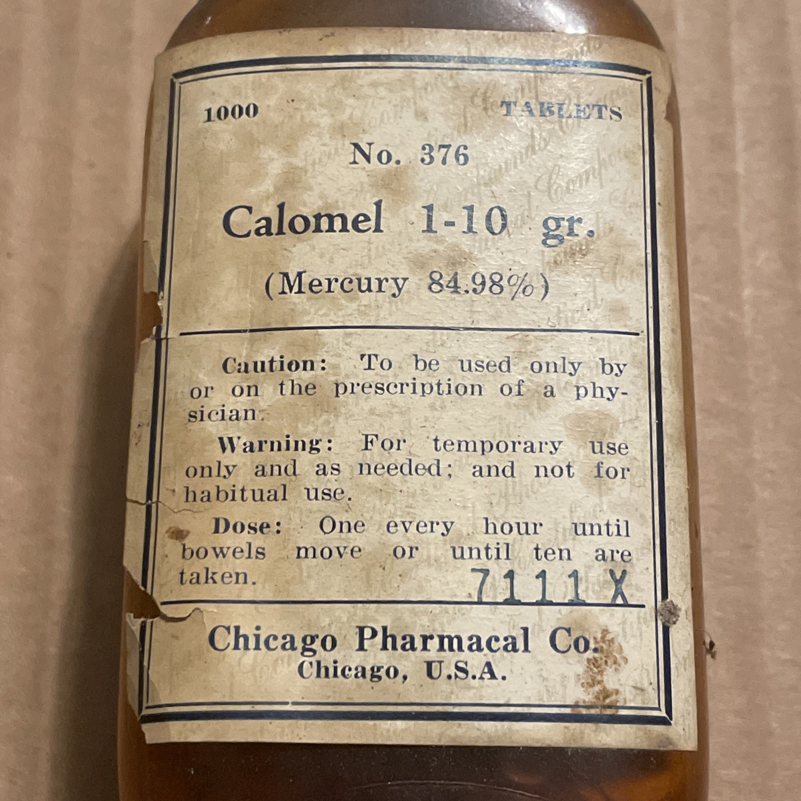 Antique Chicago Pharmacal Co. pharmaceutical glass bottle CALOMEL medical