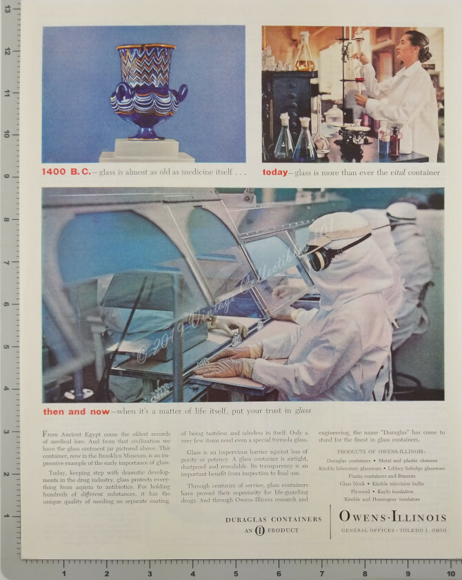 1955 Owens Illinois Glass diabetes insulin research science lab photo vintage ad