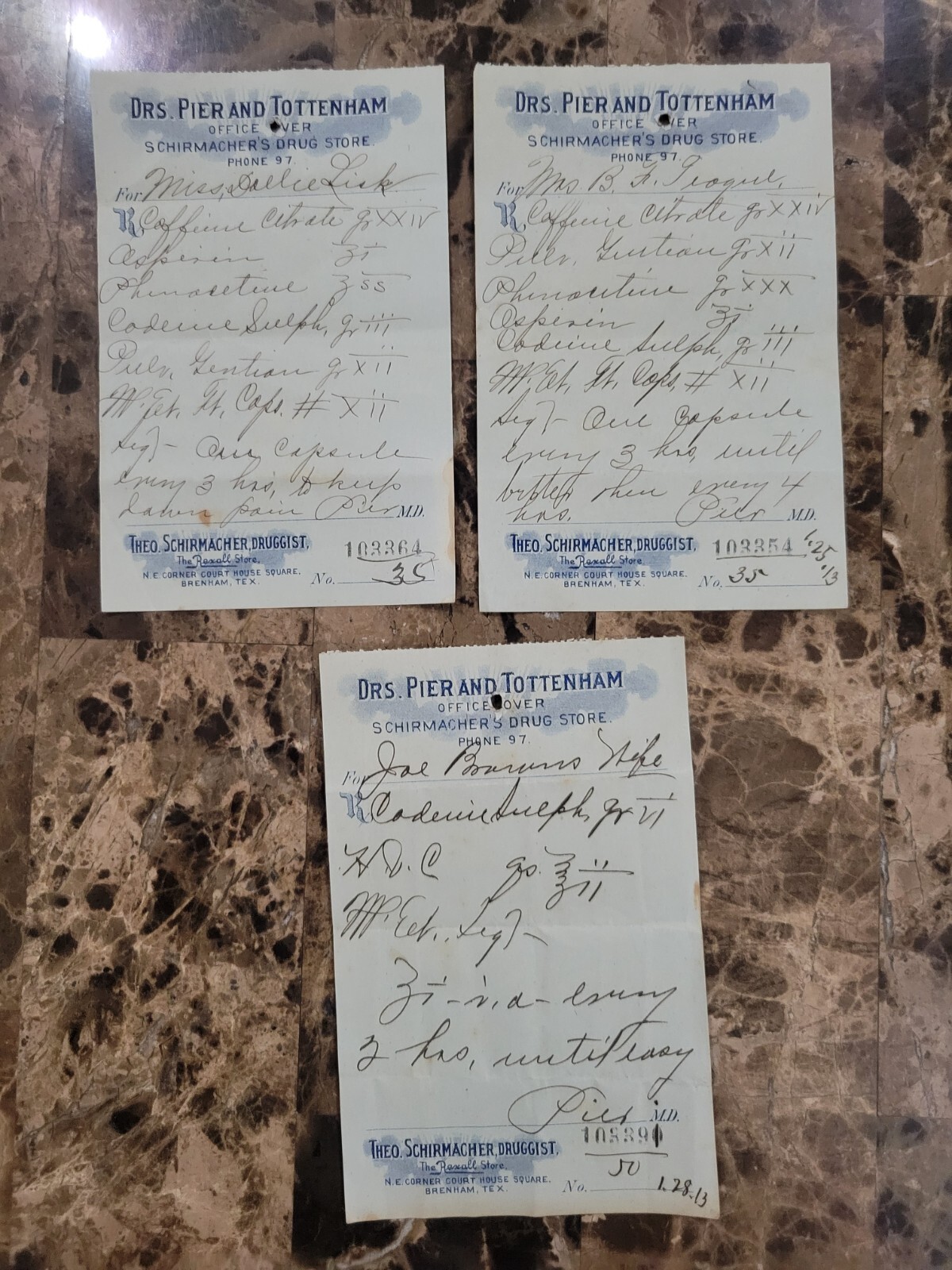 File box & 101 antique prescriptions (1913) – Codeine, Anodyne, Poisons
