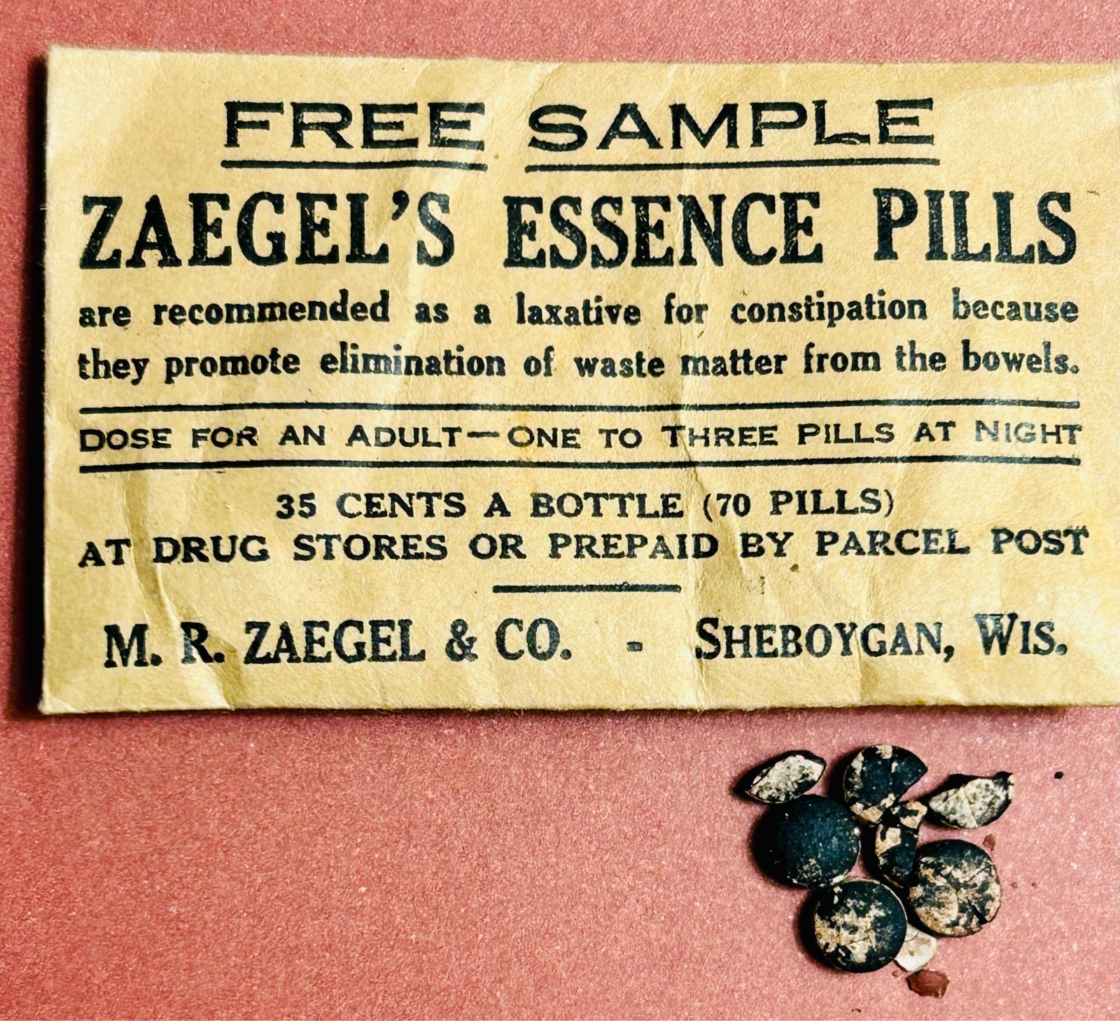 Antique Sample Historical Medicine ZAEGEL’S ESSENCE PILLS LAXATIVE Sheboygan WIS