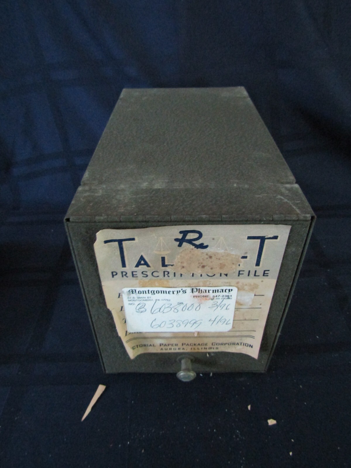 Vintage Talbot Prescription File- Metal Box- Montgomery PA- Miller’s Pharmacy #1