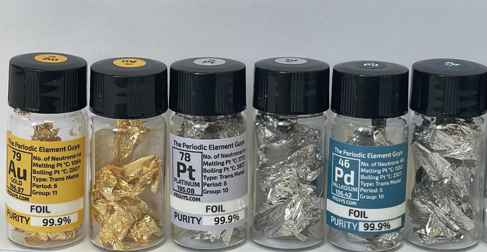 Gold Platinum Palladium Silver Tin Copper Foil / Leaf in Labeled Element Bottles