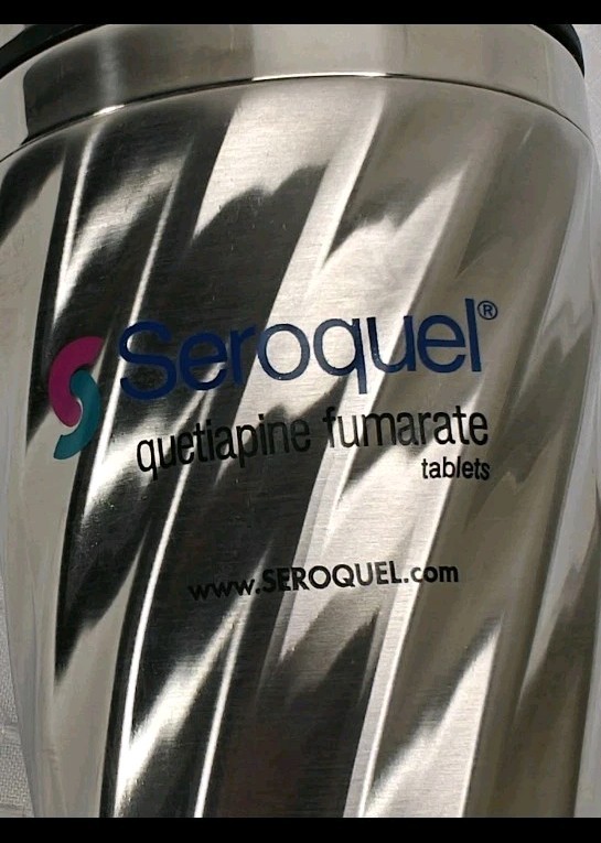 Seroquel Travel Coffee Mug & Pharmacist Neck Tie Pharmaceutical Advertising