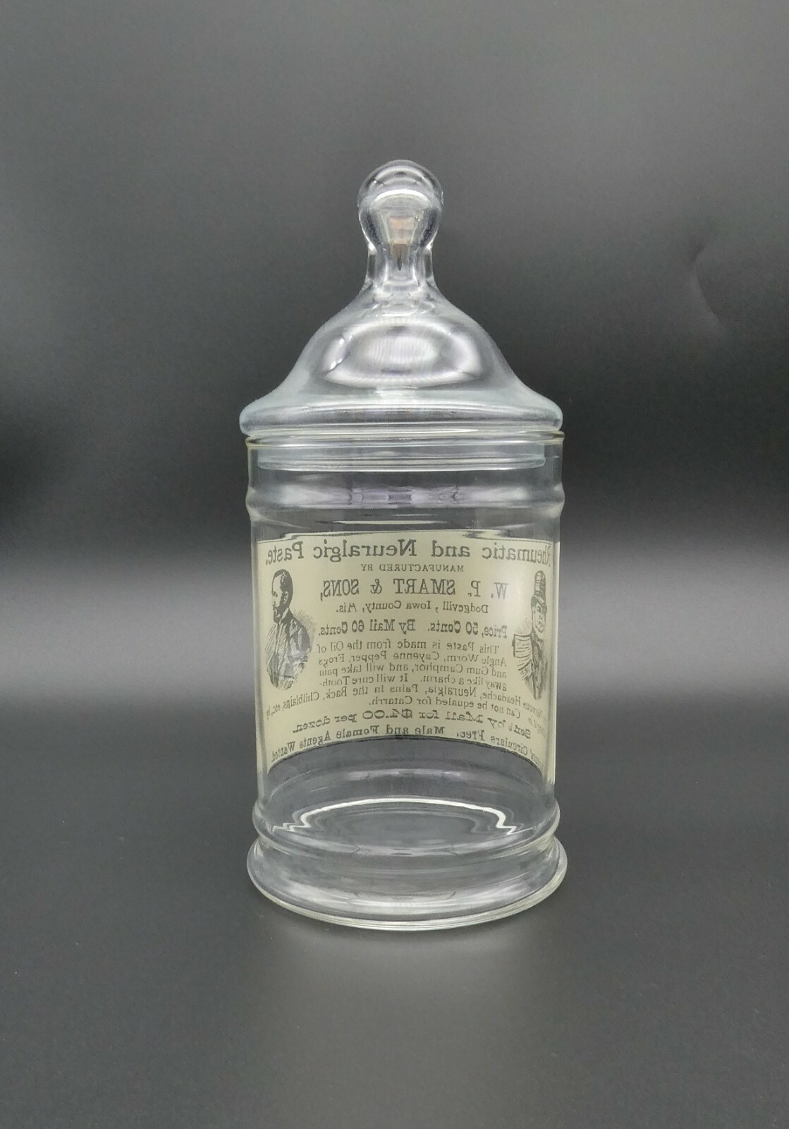 Vintage W.P. SMART & SONS Paste Medicine Glass Apothecary Jar Circus Tent Lid 8″