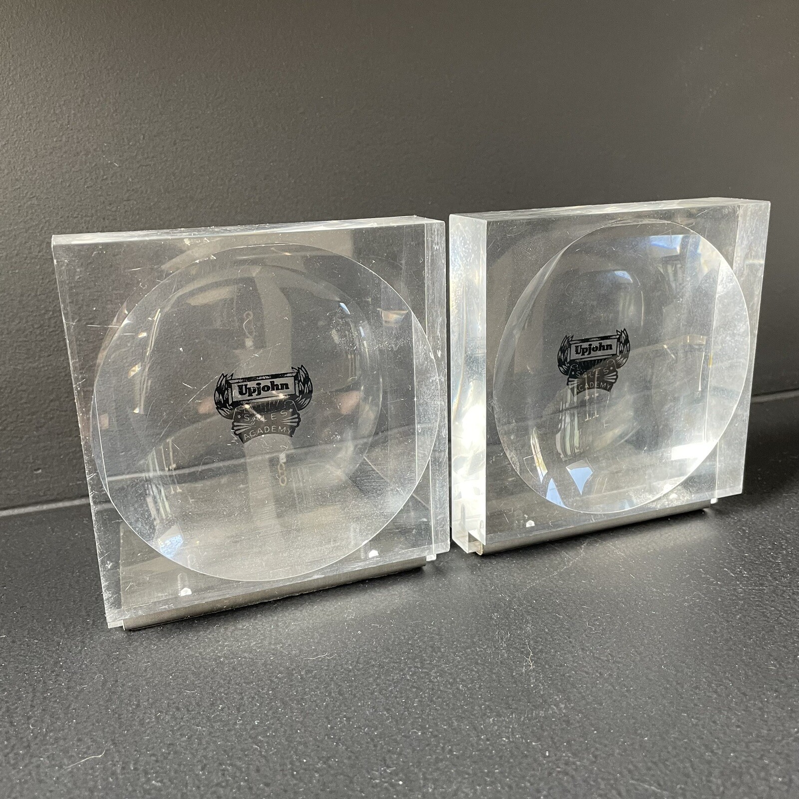 Vintage Upjohn Pharmaceutical Company Lucite Block Bookends Advertising Branding