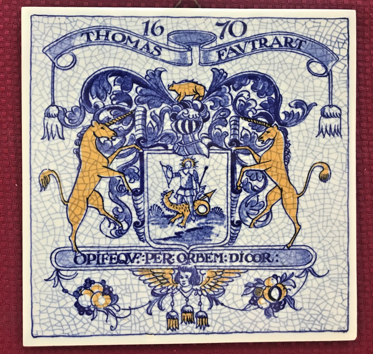 2- BURROUGHS WELLCOME DELFT BLUE PHARMACY PILL TILES, FAVTRART, UNICORNS, 6 X 6
