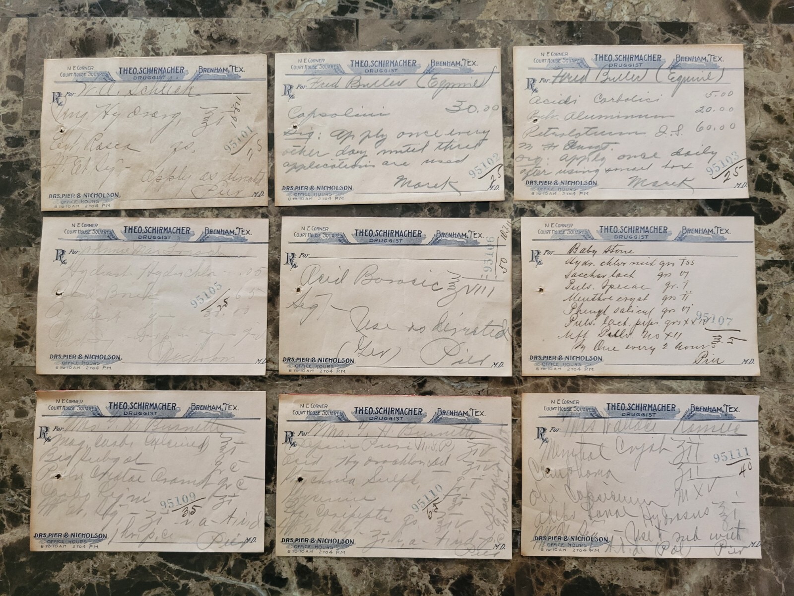 File box & 97 antique prescriptions (1911) – Dionin, Codeine, Infant Anodyne