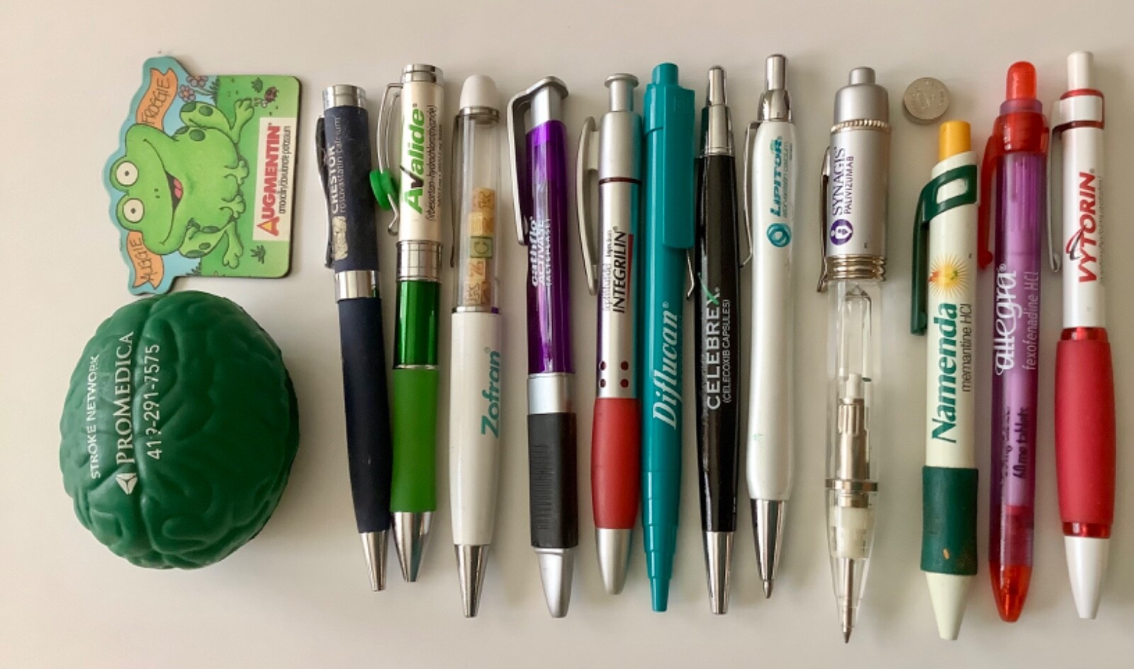 Lot of 12 Drug Rep Pharmaceutical Promo Advertising Pens, magnet & squeeze brain