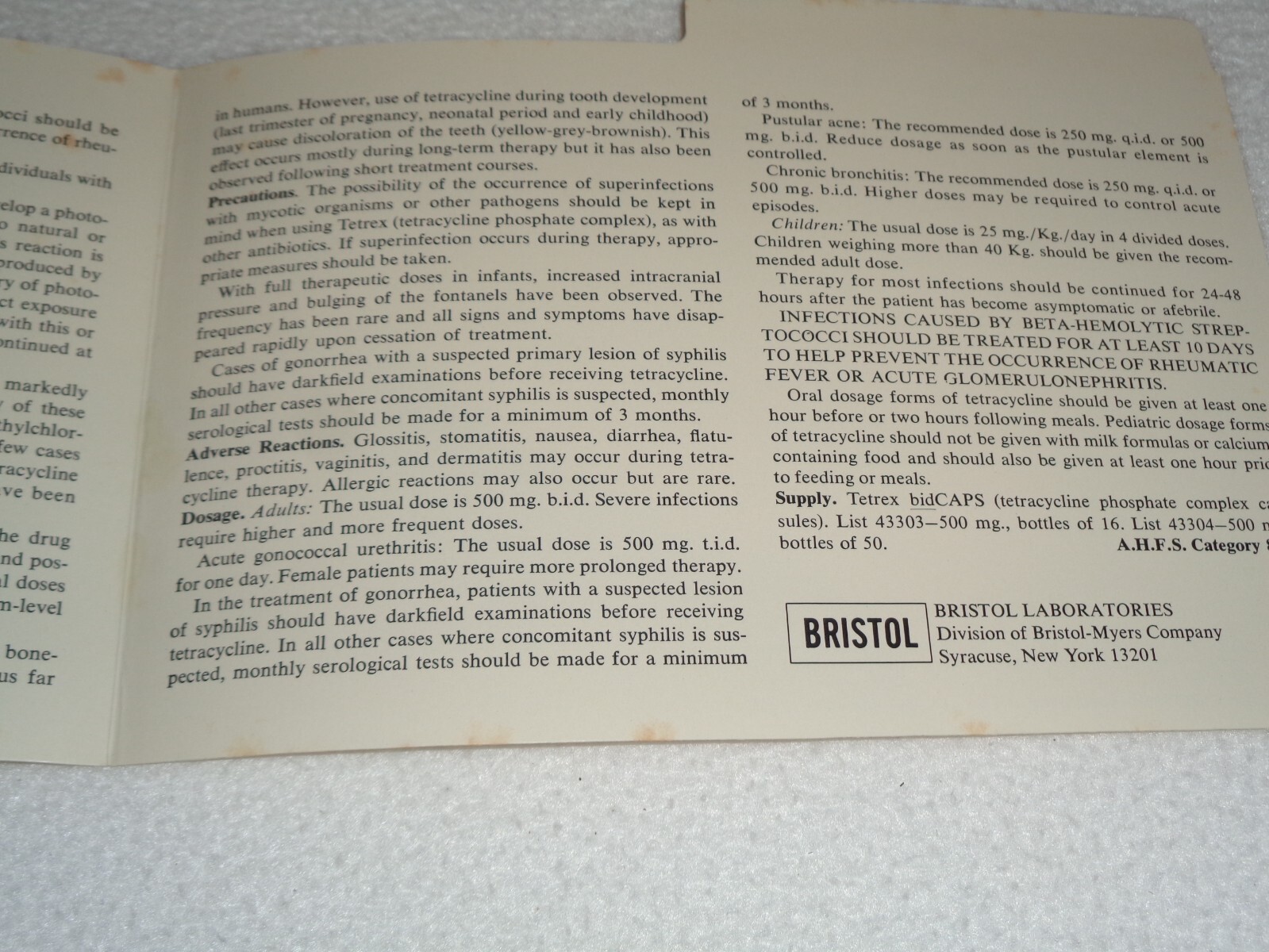 1968 Tetrex Medication Bacterial URI Rare Original Bristol Laboratories Pamphlet