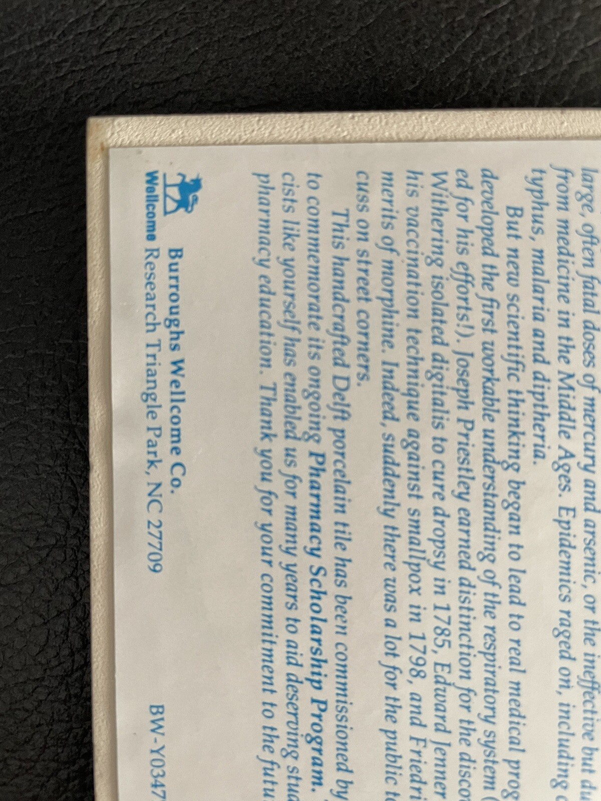 1992 BURROUGHS WELLCOME Pill Tile APOTHECARY SHOP GATHERING PLACE Delft Holland