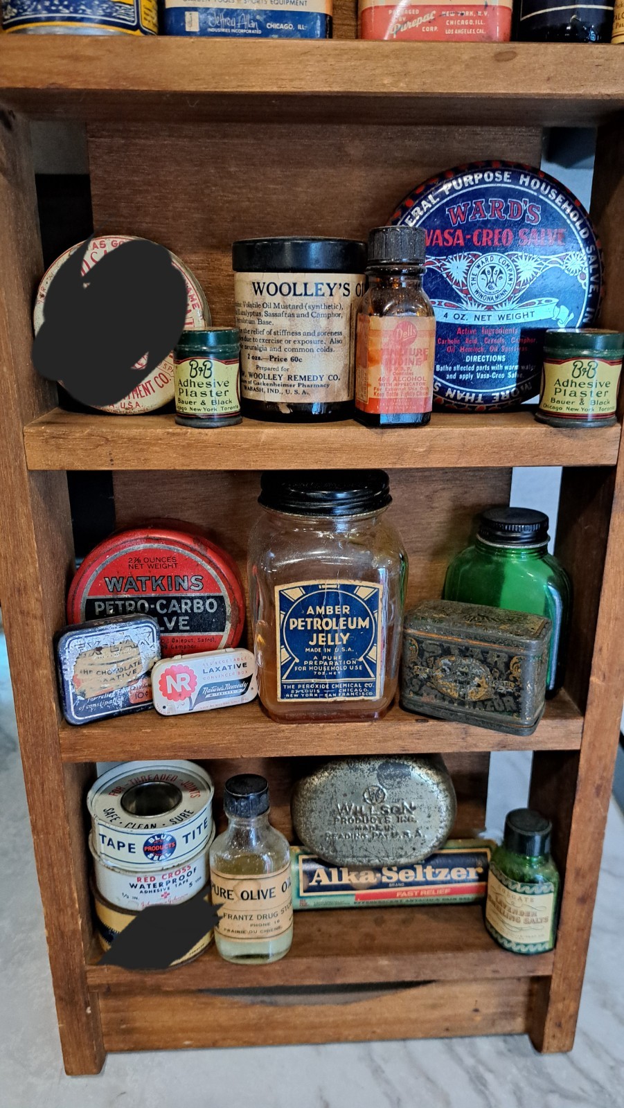 Antique Bottles Tins Boxes Pharmacy Items Empty/Full –SHELF NOT INCLUDED!!!