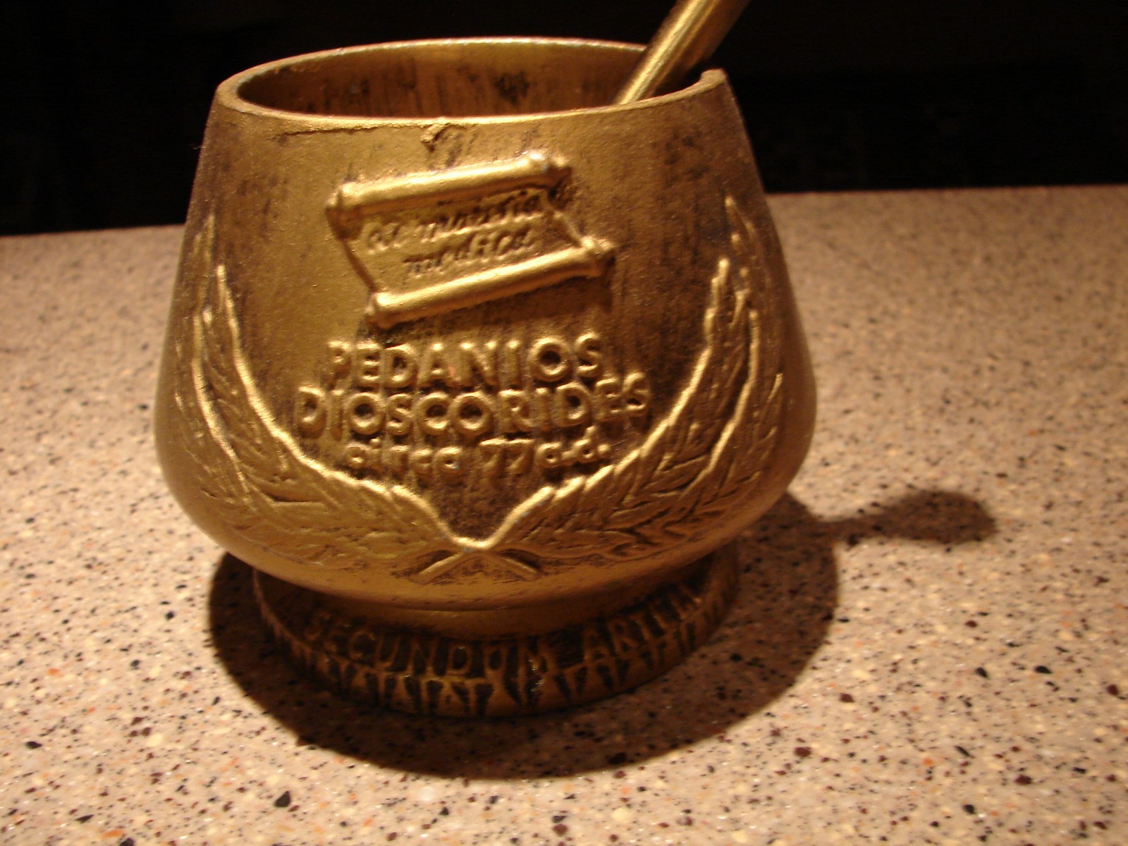 Vintage Apothacary Pharmacy Bronze Mortar & Pestle Double Sided Embossed Nice!!!