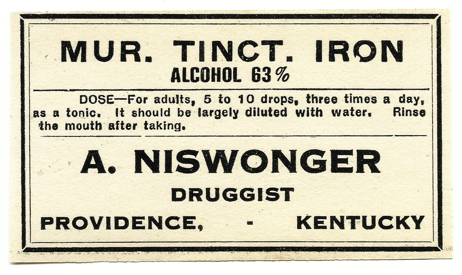 Vintage Pharmacy Label MUR. TINCT. IRON Alcohol 83% A. Niswonger Providence KY