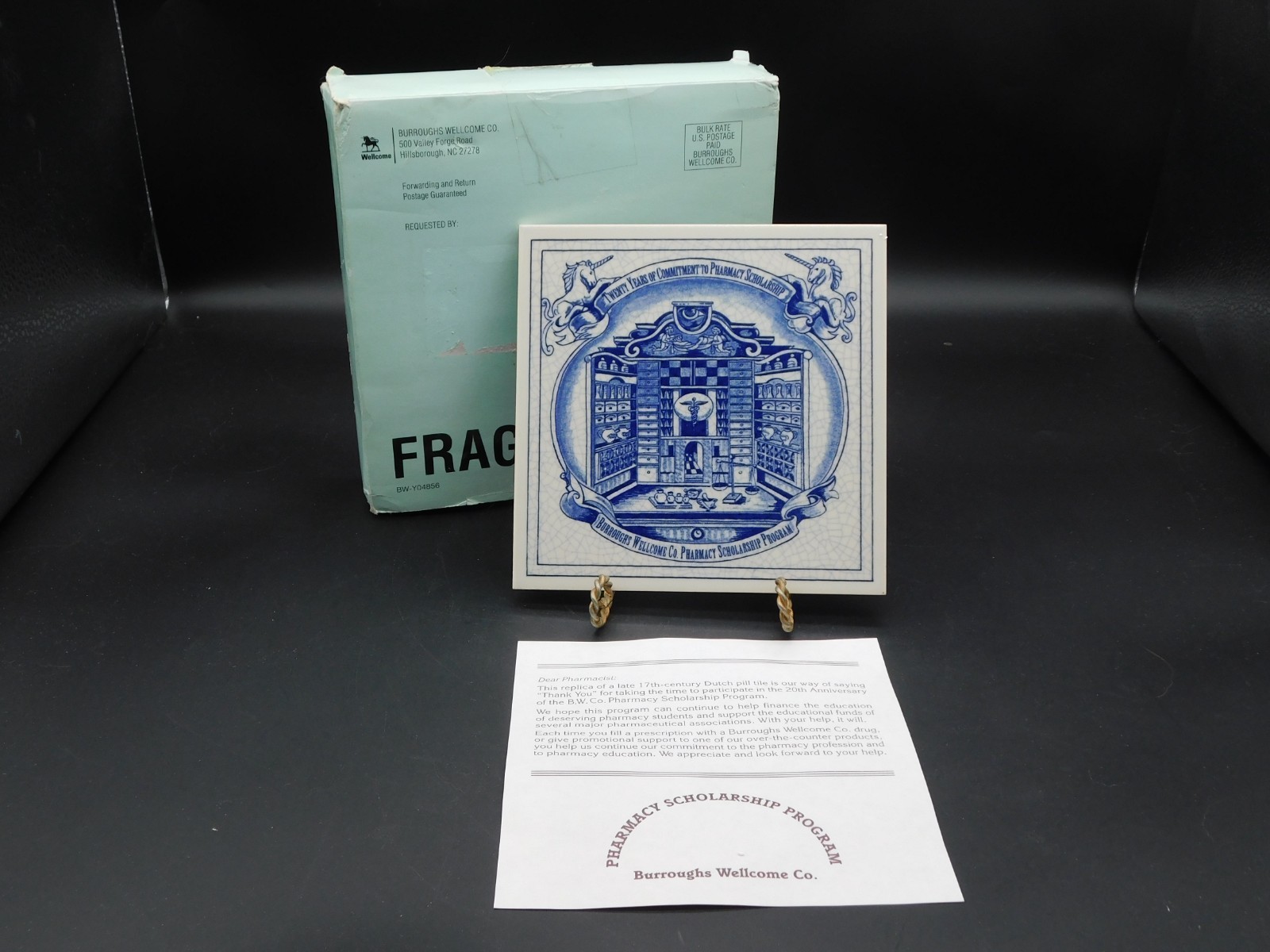 Delft Porcelain Pill Tile Burroughs Wellcome 20th Anniv. Pharmacy Apothecary