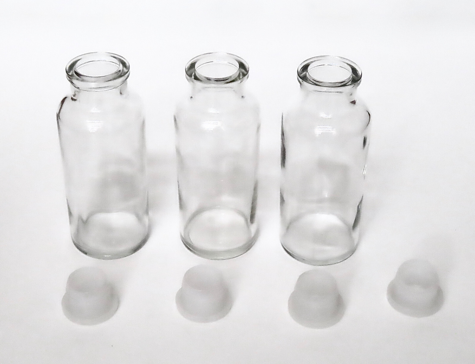 Lot of 3 Vintage Wheaton Glass Apothecary Bottles, Plastic Stoppers, 6 1/2” H