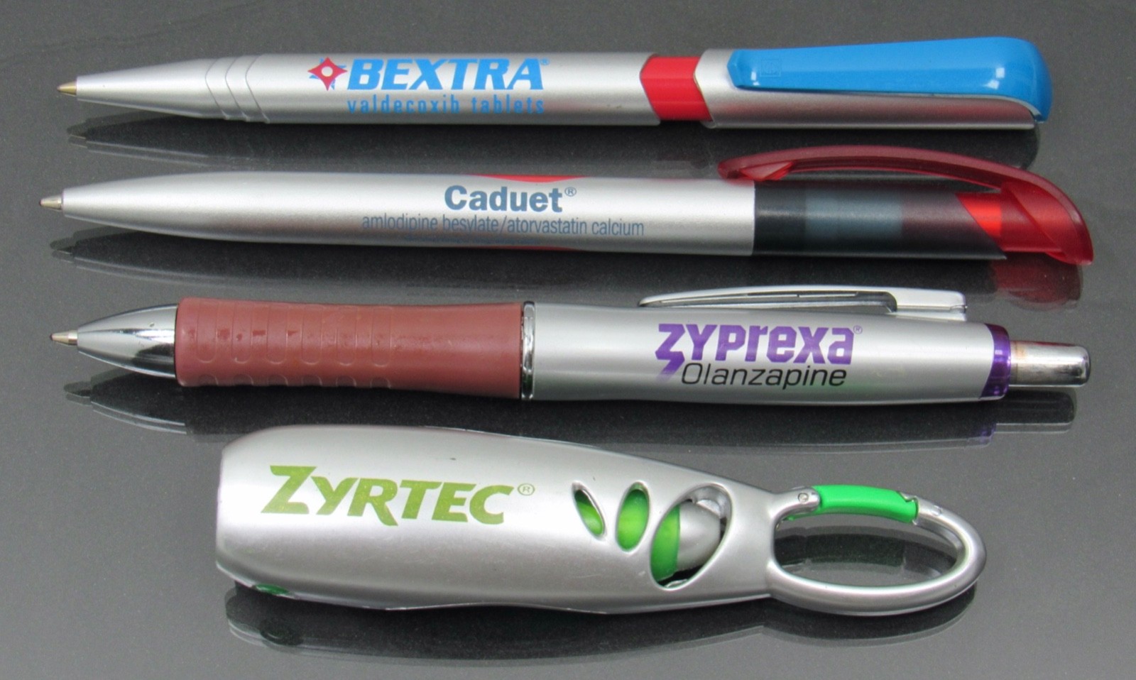 Lot 4 PENS Drug Rep Pharmaceutical Promo Bextra Caduet Zyprexa Zyrtec Carabiner