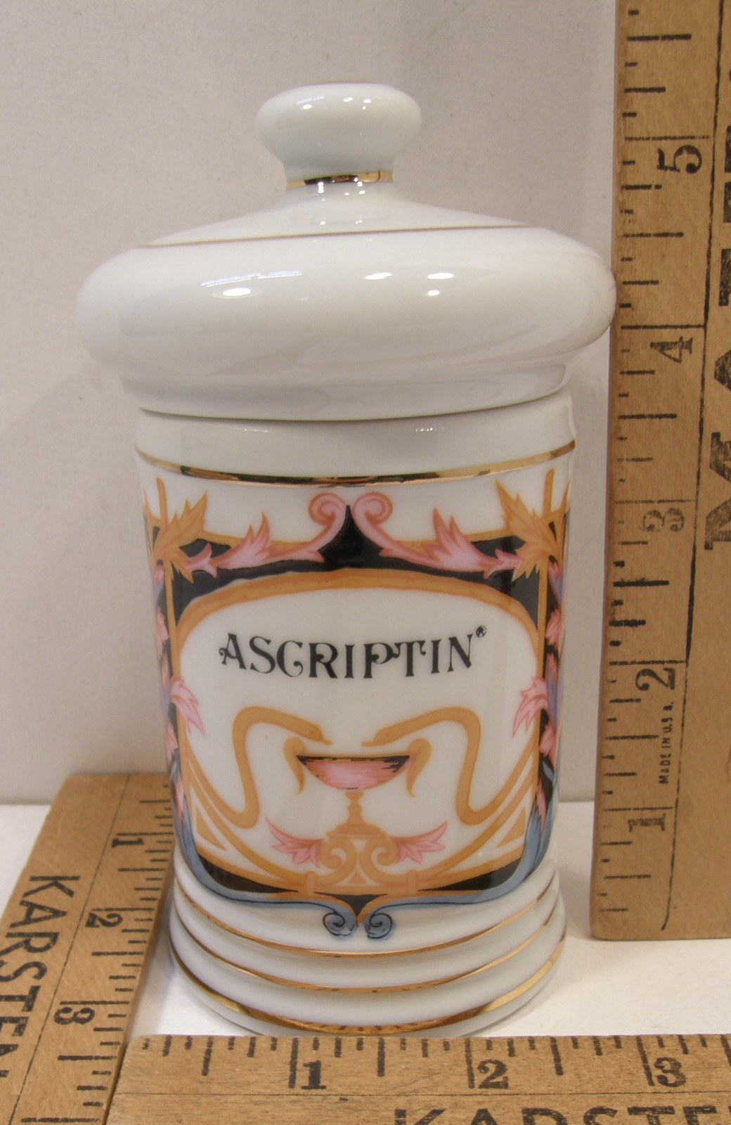 VINTAGE PORCELAIN ASCRIPTIN APOTHECARY PHARMACY JAR W/LID DRUG REP PHARMA