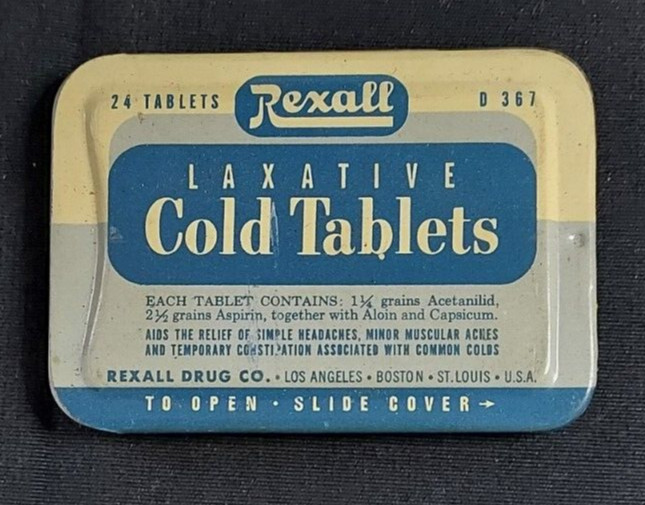 Old EMPTY Advertising Medicine Tin Rexall Laxative Cold Tablets Rexall Drug