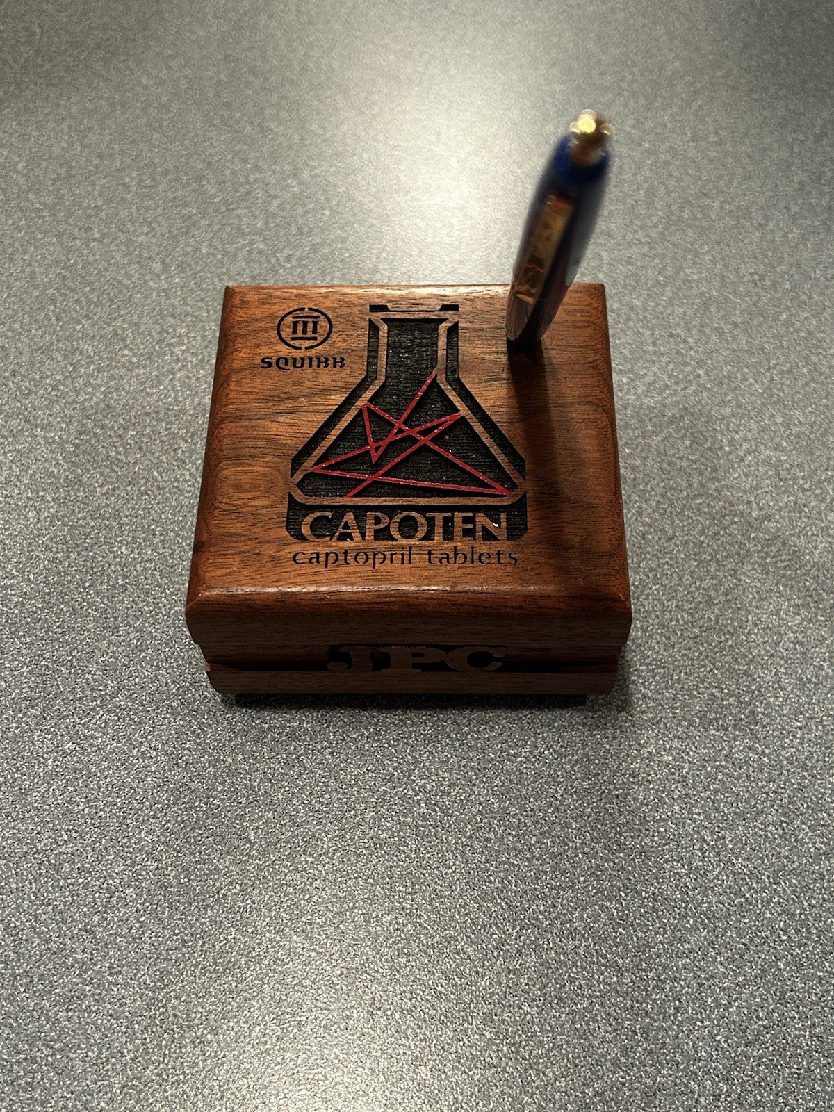 Rare Bristol Myers Squibb CAPOTEN Drug Rep Pen Desk Holder Laser Cut Wood