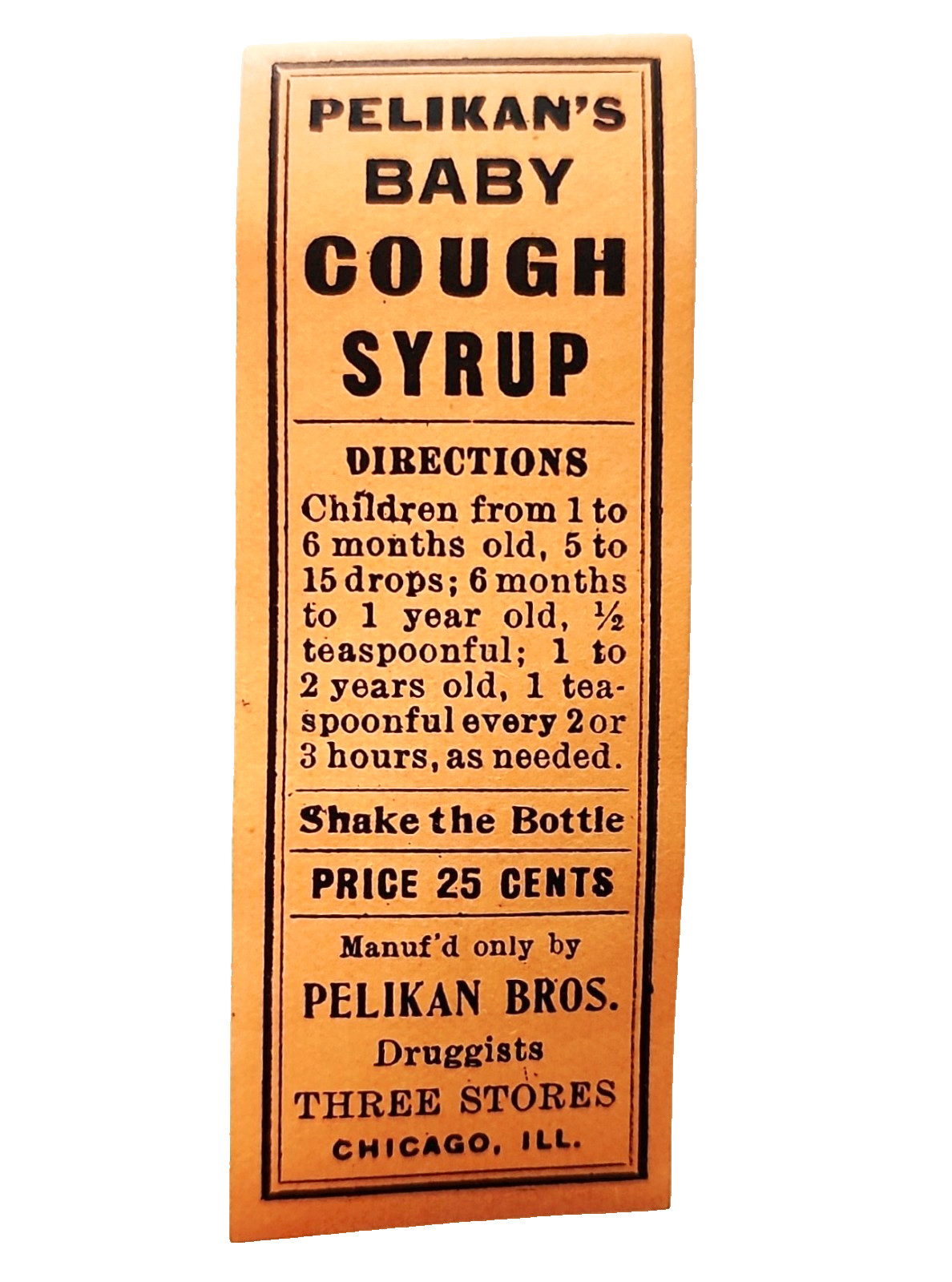 1930s Pelikan Brothers NOS Drug Store Medical Label Baby Cough Syrup Pharmacy