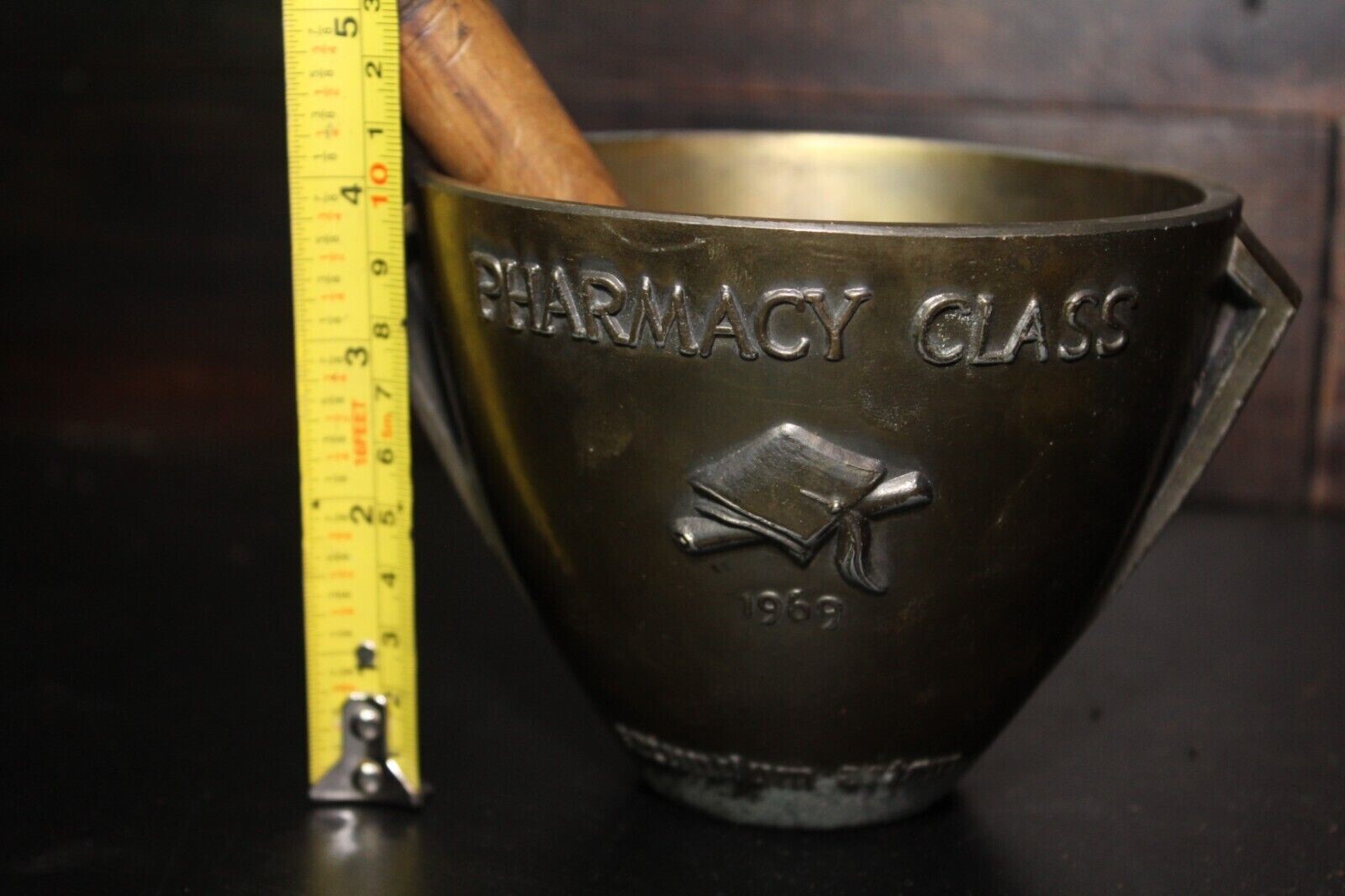 Vintage Brass Mortar Wood Pestle Secundum Artem Pharmacy Class 1969 Schering RX