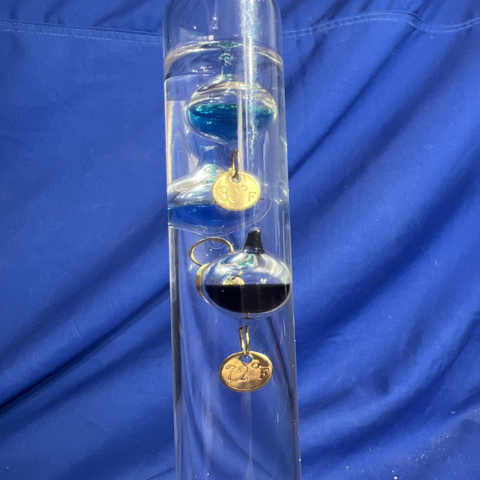 Galileo Thermometer 12” Tall Glass Tube W/ Floating Spheres Shows 72 Degrees Now
