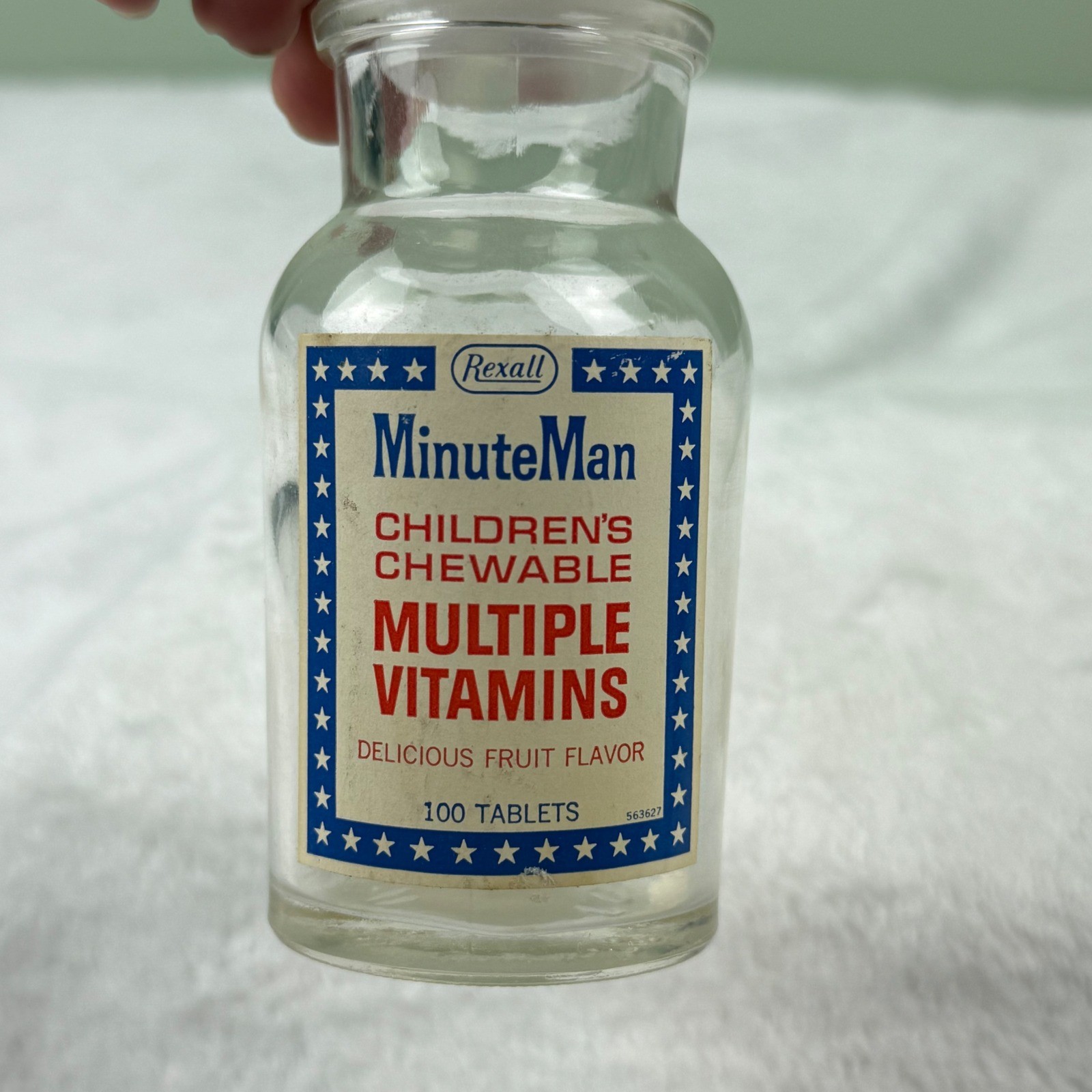 Vintage Rexall MinuteMan Childrens Chewable Multiple Vitamins Glass Bottle 4.5″