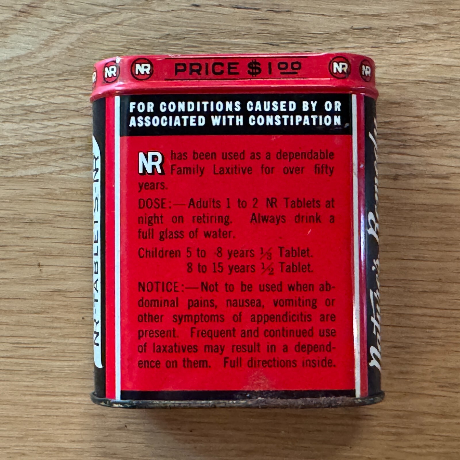 Vintage Nature’s Remedy NR-Tablets Metal Box with Lid, Pharmacy Tin, Circa 1930