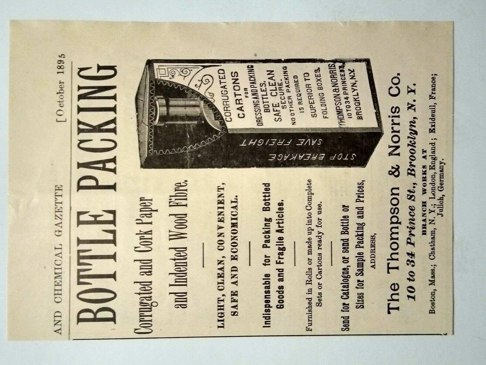 1895 Brooklyn Thompson & Norris Box Pharmaceutical Bottles Art Vintage Print Ad