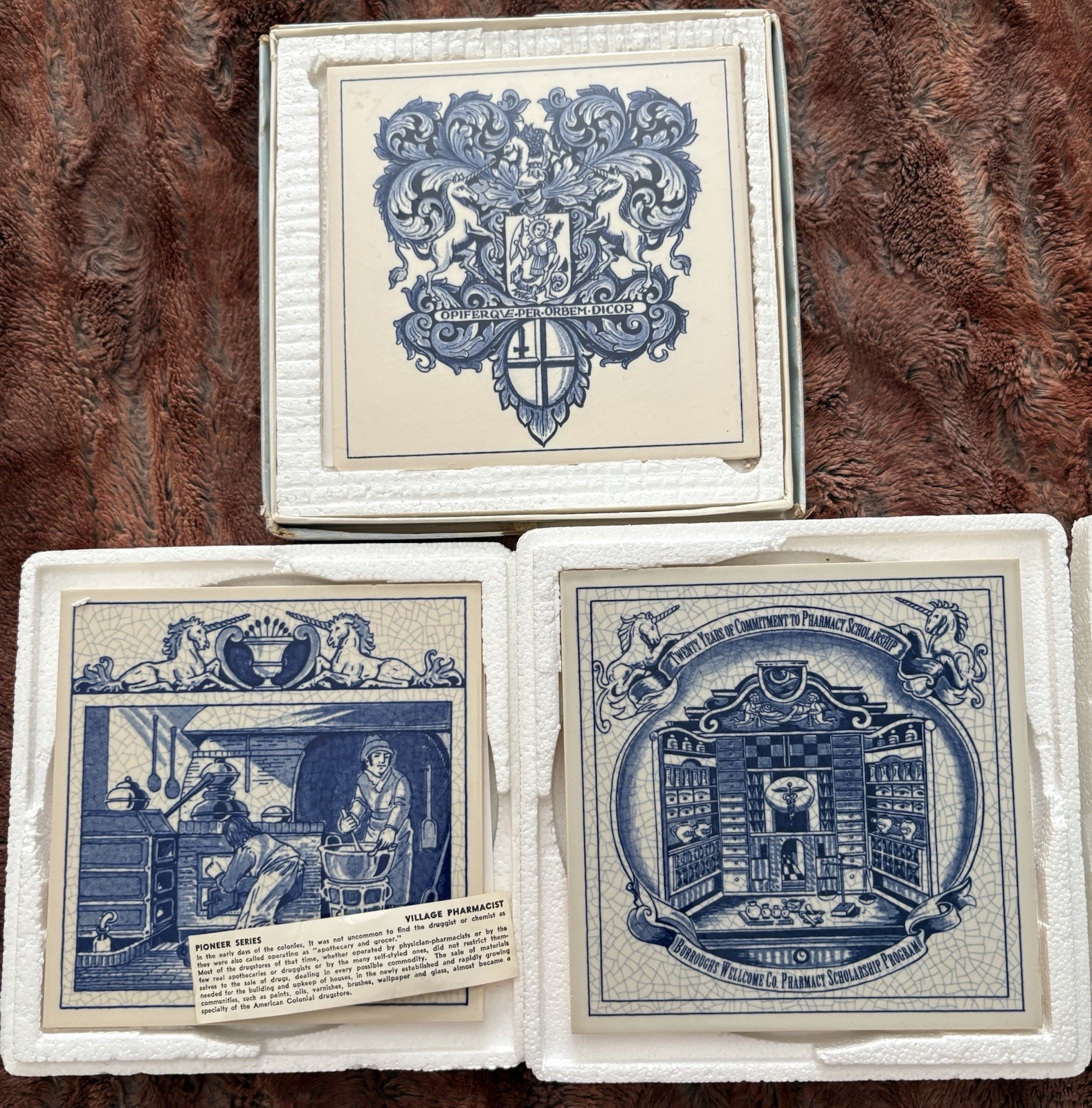 Lot of 3 Vtg Burroughs Wellcome Delft Holland Handmade 6×6″ Pharmacy Pill Tiles