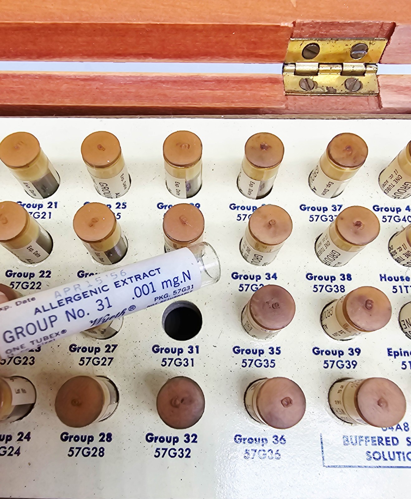Wyeth Allergy Test Kit Vintage Extracts 1955 Intracutaneous Wood Box + 44 Vials